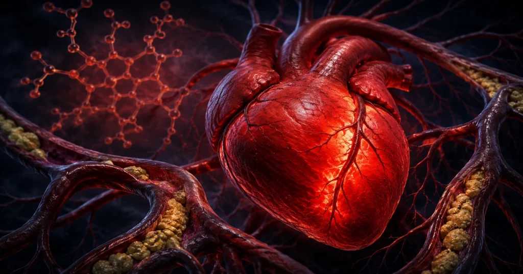 Vitamin B12 deficiency and heart attack risk — medical illustration of damaged coronary artery with plaque buildup