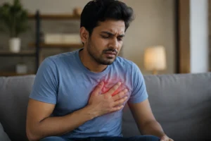 Young man experiencing chest pain — vitamin B12 deficiency as a cause of heart attack in young adults